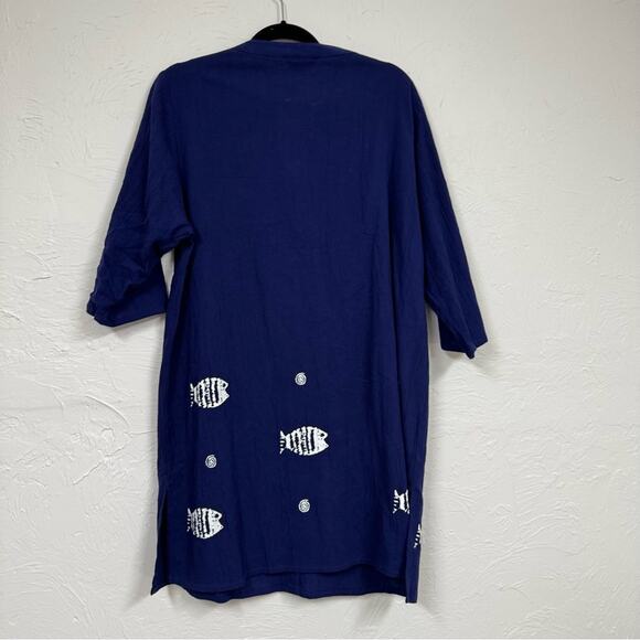 The Vermont Country Store Navy Blue Crepe Cotton White Fish Print Dress Womens M - Picture 11 of 12